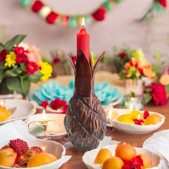 Vtg. Hand carved Wood Pineapple Appetizer and candle Holder 11.50" Tall - Picture 9 of 10